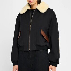 FRAME Mixed Leather w/ Shearling Collar Bomber Fill Jacket